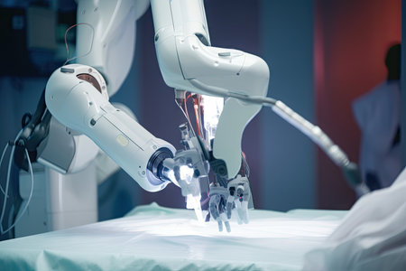robot performing on patient, with the incision clearly visible, created with generative aiの素材