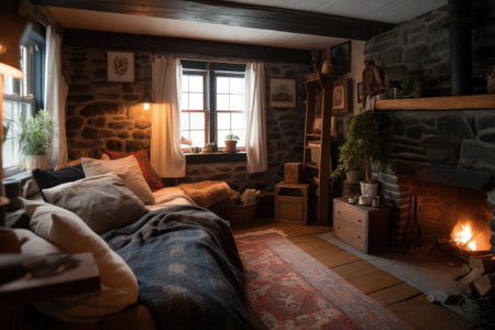 cozy cottage with a crackling fire, surrounded by cozy blankets and pillows, created with generative aiの素材