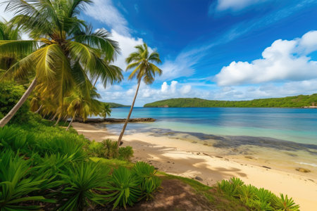 exotic destination, with view of a beach, surrounded by palm trees, created with generative aiの素材
