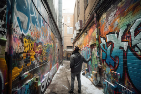 spray can in hand, artist at work on wall of graffiti-filled alleyway, created with generative aiの素材