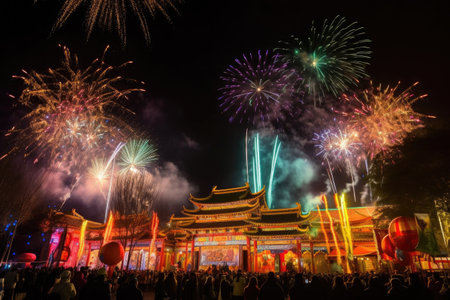 night festival, with lanterns and fireworks illuminating the air, created with generative aiの素材