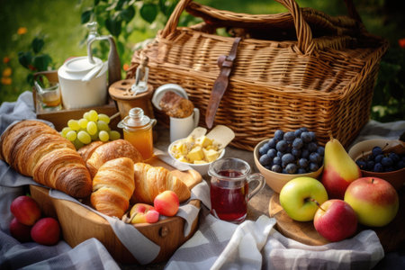 breakfast picnic basket overflowing with pastries, fruit and coffee, created with generative aiの素材