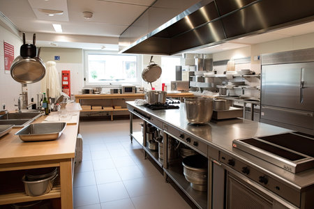 high-volume kitchen with separate stations for different cooking tasks, each one equipped with its own tools and ingredients, created with generative aiの素材