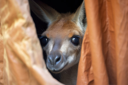 cute baby kangaroo peeking out of its mothers pouch, with its curious and inquisitive face visible, created with generative aiの素材