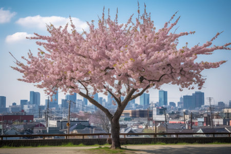 cherry blossom tree in full bloom, with city skyline visible in the background, created with generative aiの素材