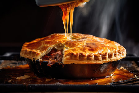 close-up of meat pie, with steam rising from the flaky crust and filling the shot, created with generative aiの素材