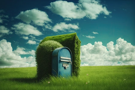 mailbox, surrounded by lush green lawn, against the backdrop of blue sky, created with generative aiの素材