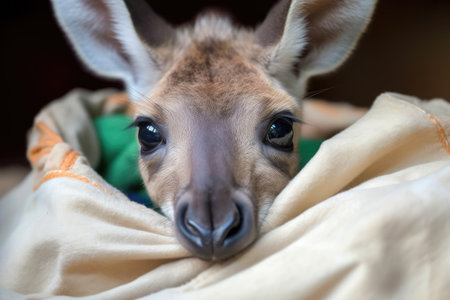 playful kangaroo joey sticking its head out of pouch, with curious expression, created with generative aiの素材
