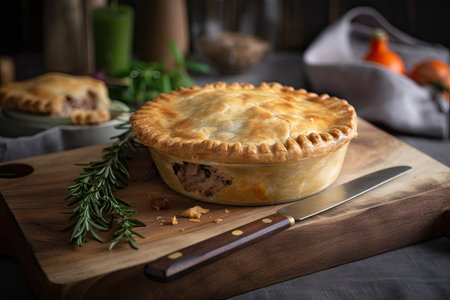 meat pie on wooden board, ready to be served, created with generative aiの素材