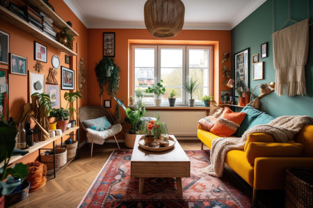 cozy apartment, with colorful decor and vintage decor, created with generative aiの素材