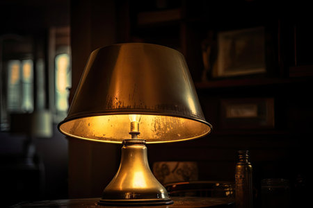a vintage brass lampshade with a warm glow of light, created with generative aiの素材