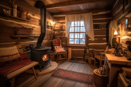 cozy cabin with wood-burning stove and warm blankets on a chilly night, created with generative aiの素材