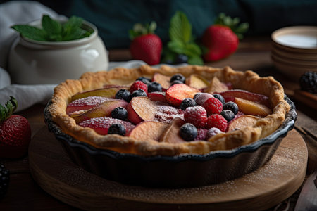 fruit pie with cinnamon and sugar sprinkled on top, ready to be served, created with generative aiの素材