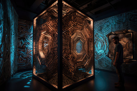 mesmerizing geometric art installation, featuring intricate patterns and shapes that move and change with each viewer, created with generative aiの素材