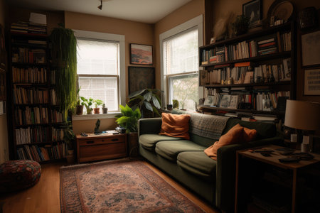 lofi living room, with plush couch and throw pillows, surrounded by bookshelves, created with generative aiの素材