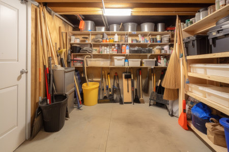 cleaning supply closet, fully stocked with mops, brooms and cleaning products, created with generative aiの素材
