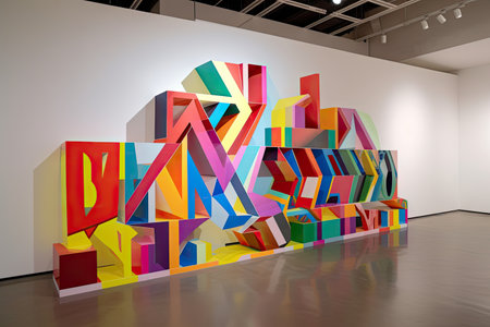modern art installation, featuring geometric lettering and typography on canvas, created with generative aiの素材