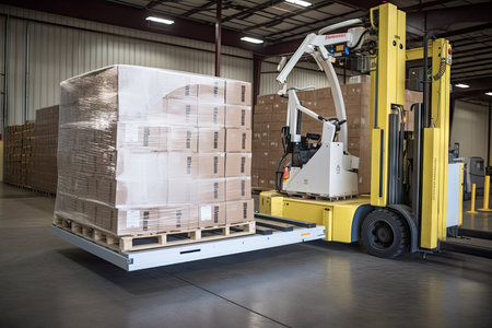 palletizing robot, with completed pallet of product, being loaded onto delivery truck, created with generative aiの素材