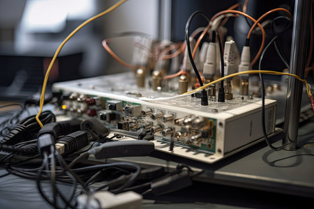 close-up of networked sensors and monitoring equipment, with wires and cables visible, created with generative aiの素材