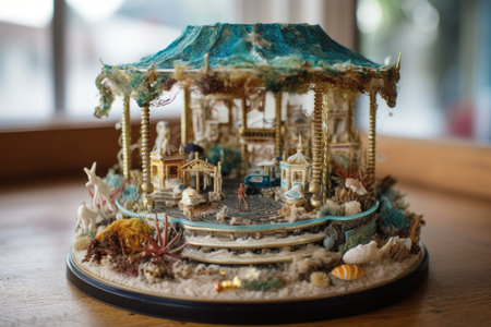 miniature carousel, built from beachcombing treasures and waves, created with generative aiの素材