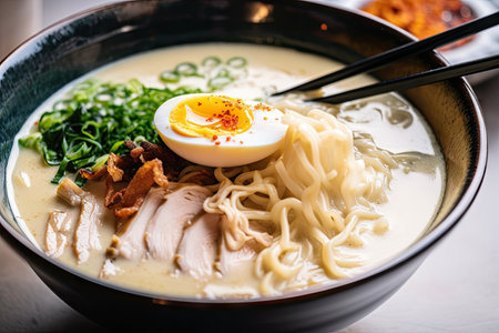 close-up of creamy tonkotsu broth with perfectly cooked noodles and toppings, created with generative aiの素材