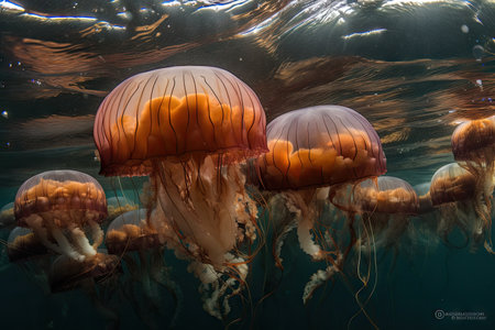school of jellyfish swimming in synchronized motion, created with generative aiの素材