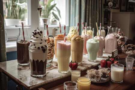 a milkshake bar with a variety of milkshakes and soft drinks for guests to choose from, created with generative aiの素材