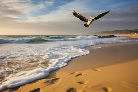golden beach with pelican in flight, soaring above the shore, created with generative aiの素材