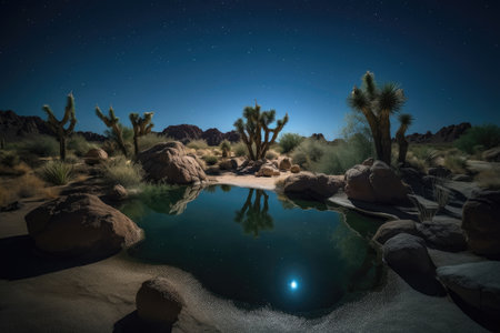 desert oasis with view of the night sky, stars shining brightly, created with generative aiの素材