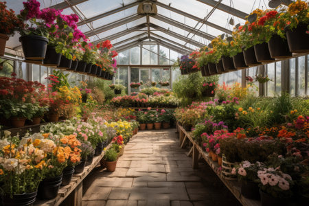 greenhouse filled with overflowing baskets of vibrant blooms, created with generative aiの素材