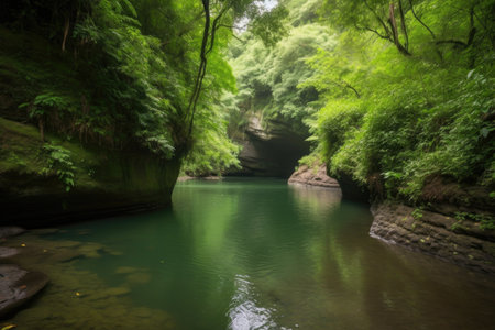 peaceful river surrounded by lush greenery and dramatic waterfall, created with generative aiの素材