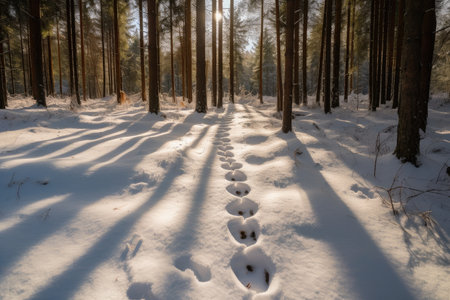 snow-covered forest, with footprints leading the way, created with generative aiの素材
