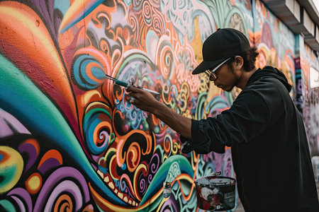 graffiti sprayer artist creating a mural with intricate, colorful designs, created with generative aiの素材