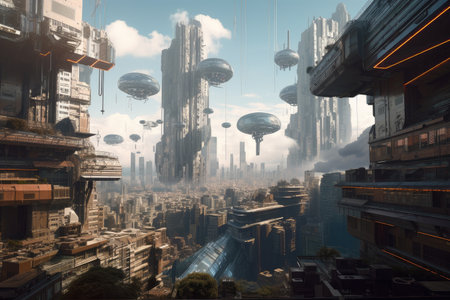 futuristic city, with towering buildings and flying vehicles in the background, created with generative aiの素材
