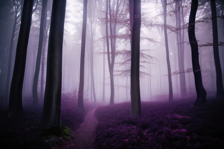 dark purple forest with towering trees and foggy mist in the air, created with generative aiの素材