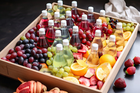box of assorted fruit pieces and bottles of water for making flavored waters, created with generative aiの素材