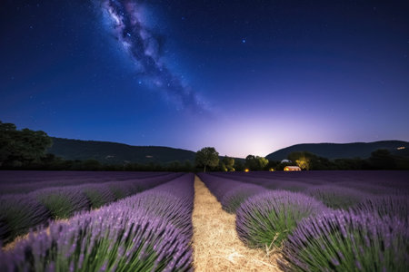 lavender field under a starry sky, with the moon shining down, created with generative aiの素材