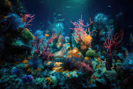 underwater scene with surrealistic plantlike creatures and vibrant colors, created with generative aiの素材