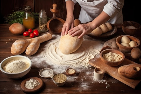 process of making bread, from kneading and shaping the dough to baking in oven, created with generative aiの素材