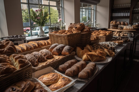 artisan bread bakery, with rows of freshly baked breads and pastries, created with generative aiの素材