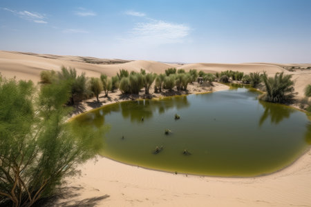 desert oasis, with view of towering sand dunes and rolling waves, created with generative aiの素材
