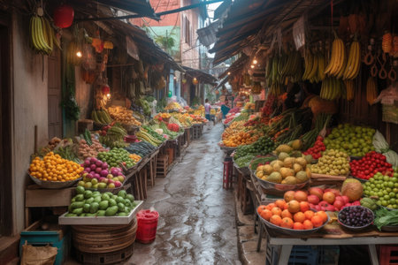 exotic street market with colorful fruits and vegetables for sale, created with generative aiの素材