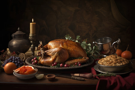 classic christmas dinner, with roasted turkey and stuffing, on vintage tablecloth, created with generative aiの素材