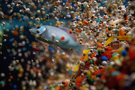 microplastic pollution in the ocean, with fish swimming among plastic beads, created with generative aiの素材