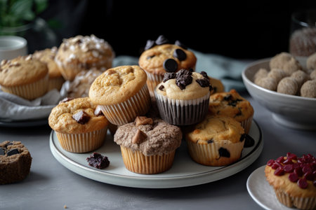 plate of gluten-free and vegan muffins, cookies, and cupcakes, created with generative aiの素材