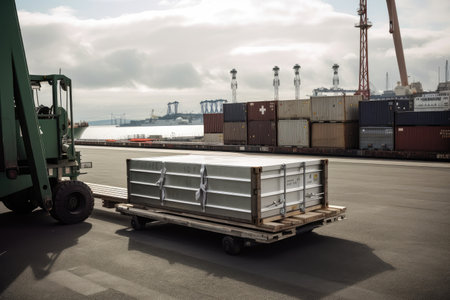 aluminum ingot being transported in wheeled transport container, with view of busy port visible in the background, created with generative aiの素材
