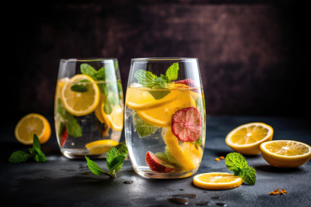 refreshing fruit-infused water with slice of lemon and mint, created with generative aiの素材