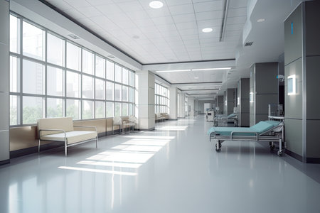 modern hospital, with sleek and minimalist design and open floor plan, providing the best care for patients, created with generative aiの素材