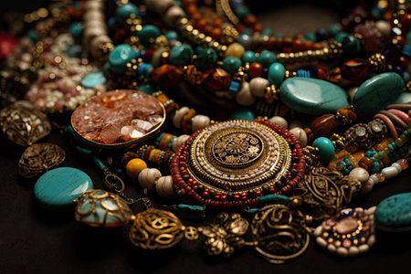 close-up of intricately beaded necklace, with beads and jewelry findings in view, created with generative aiの素材