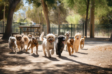 dog park, with pack of dogs running and playing together, created with generative aiの素材